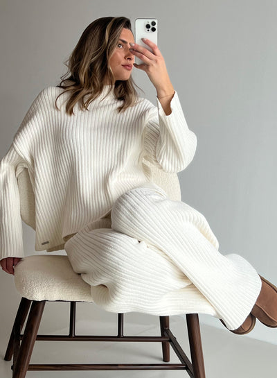 Almond White Rib Knit Sweater